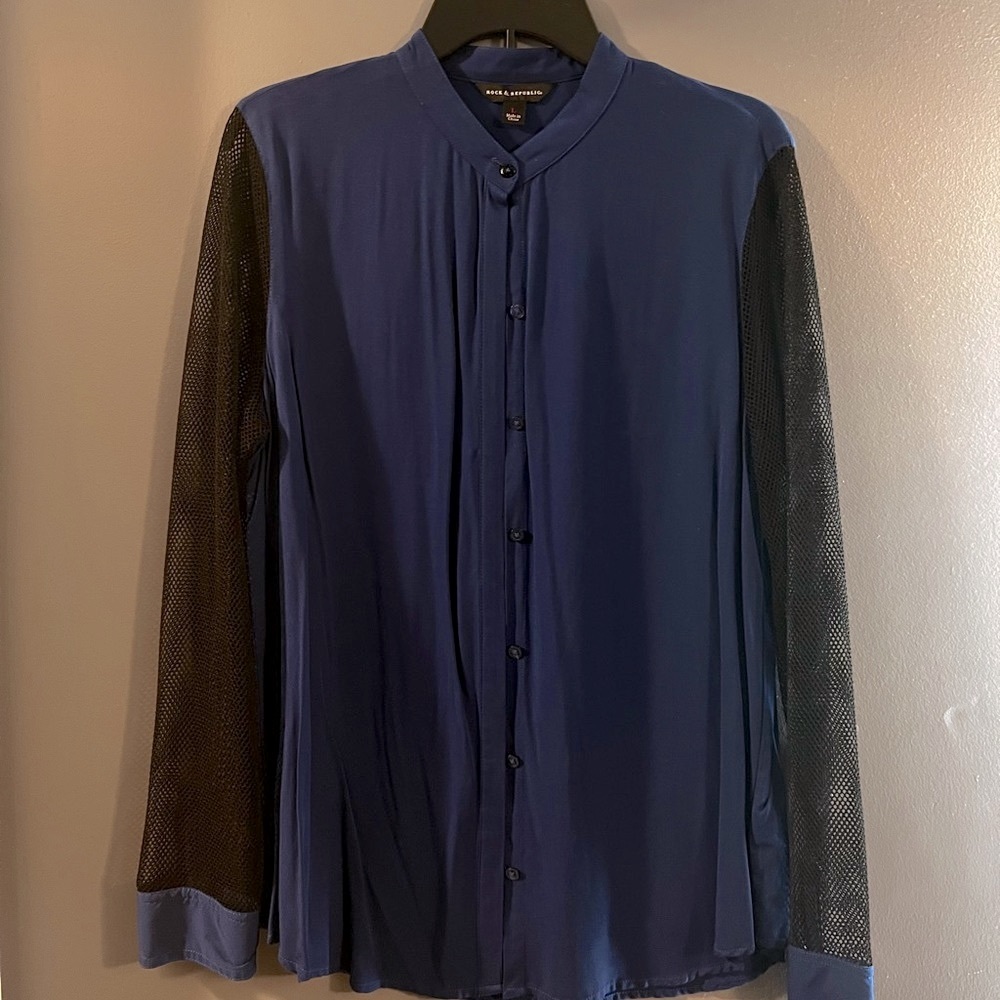 3FOR$10 Dark blue blouse with black mesh sleeves size L.
